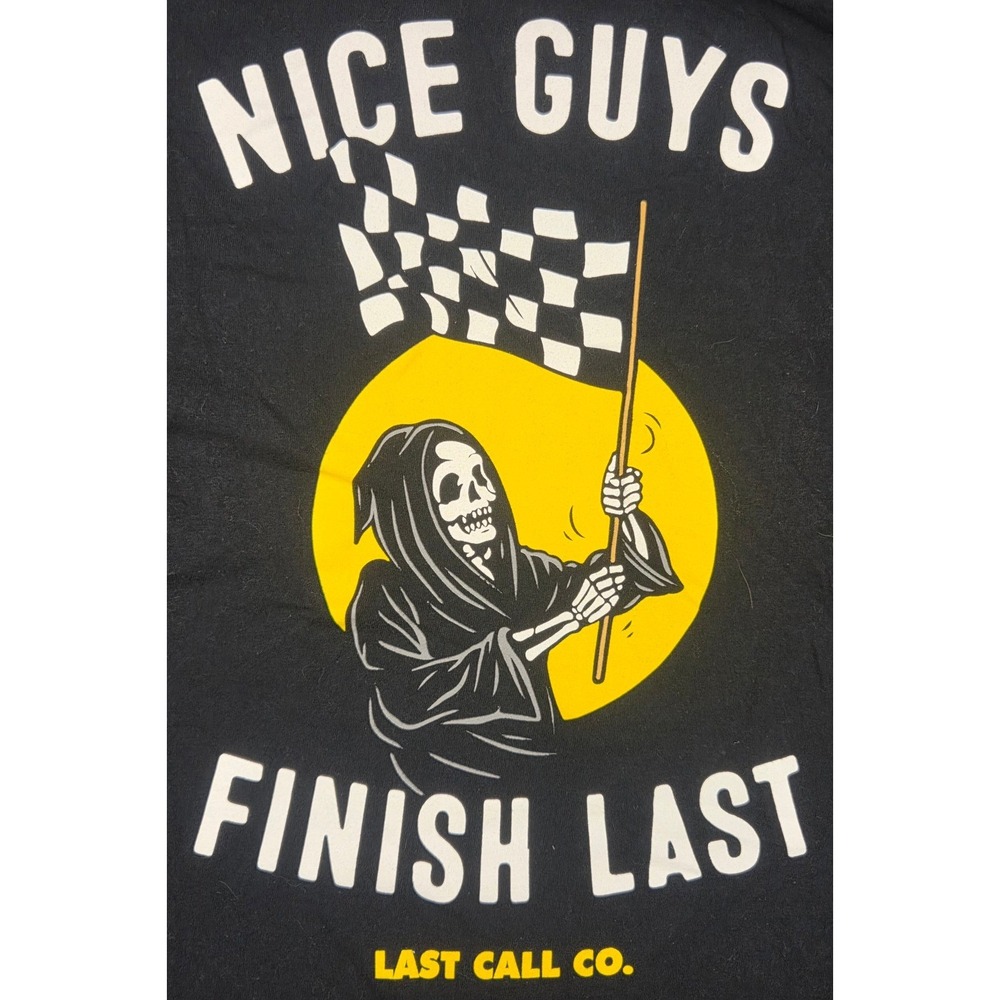 Last Call Co Nice Guys Finish Last Black Graphic T-Shirt Mens Large Skeleton